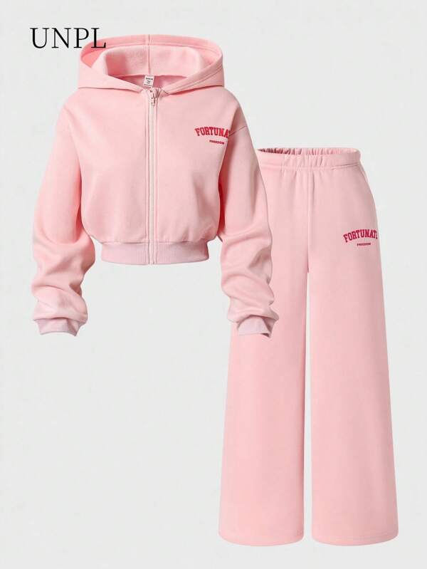 SHEIN Conjunto de 2 peças de moletom com capuz e zíper para meninas adolescentes e calças compridas esportivas soltas casuais