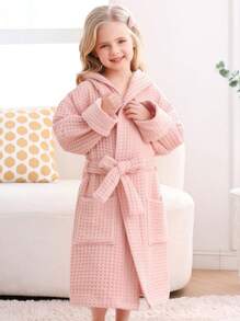 SHEIN 1 Stück, Waffelmuster Kapuzen Bademantel für Studenten, Doppellagiger Wabenmuster Waffelbademantel für Studenten, Studentenbademantel, verdickt und weich, wasserabsorbierend und schnelltrocknend, Rosa/Grün/Weiß, Kapuzen Bademantel für Studenten