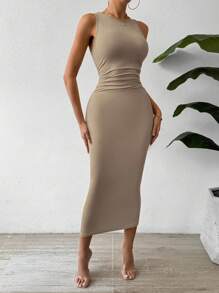 SHEIN PETITE Calvaya Rafferiza Summer Casual Back To School Elegant Sexy Concert Outfit Business Casual Dating Travel Vacation Ruched Waist & Bodycon Slim Fit Sleeveless Dress Round Neck Vest Dress Home Versatile Old Money Style Solid Color Various Color Options Set Maxi Women Outfit Apricot Brown Black Long Dress SummerHoliday Sunny Journey Vacay Vibes Summer Dress