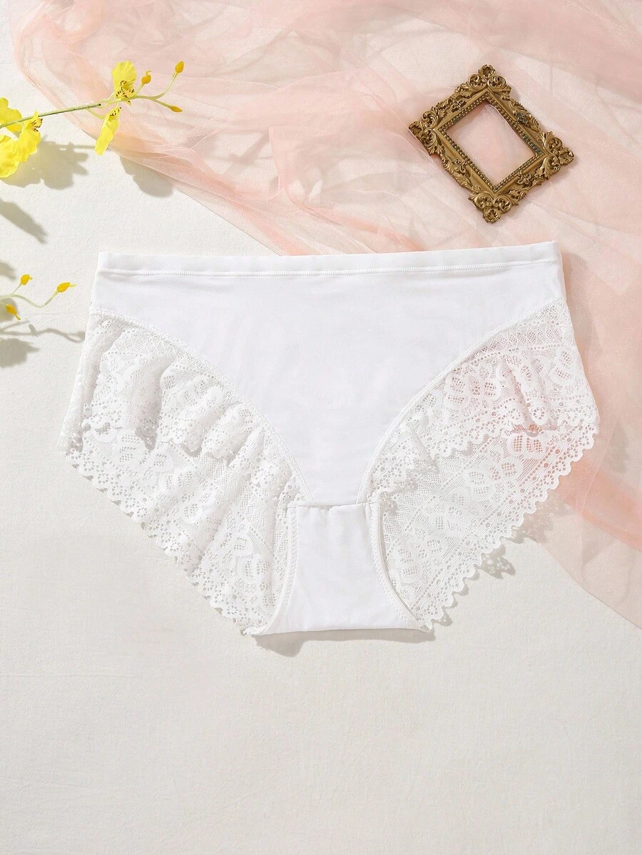 Plus Contrast Lace Panty - White - View 1