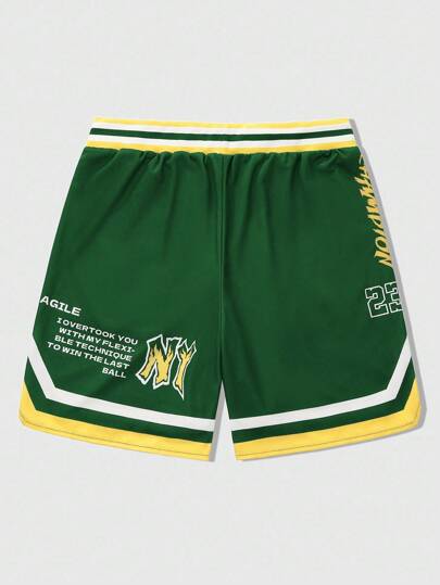 Prep Pantalones cortos de hombre de verano informales con bloques de color, rayas y estampado de letras