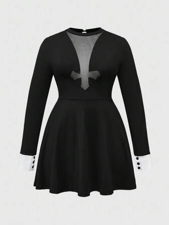 Gothic Kreuz Muster Ausschnitt Große Größen A-Linie Kleid, Halloween