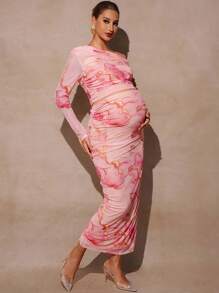 MaterniChic 2 件孕妇套装：极简印花不对称领口长袖上衣和裙子