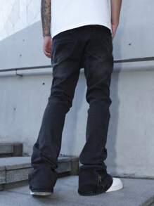 Manfinity EMRG 男士休闲日常水洗街头风格破洞喇叭牛仔裤破洞牛仔裤男士设计师牛仔裤男士哥特式牛仔裤黑色水洗牛仔裤，emo风格 - 黑色 - 查看 2