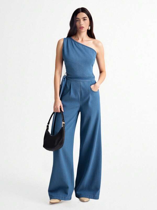 Daynim Combinaison en jean sans manches avec ceinture et col asymétrique pour femmes