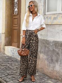 Brillora 女士时尚通勤豹纹直筒裤、动物印花裤、阔腿裤、豹纹裤、女士阔腿裤、豹纹裤、高腰裤、动物印花、女士教师装、女士秋季装、女士阔腿豹纹裤、女士豹纹裤