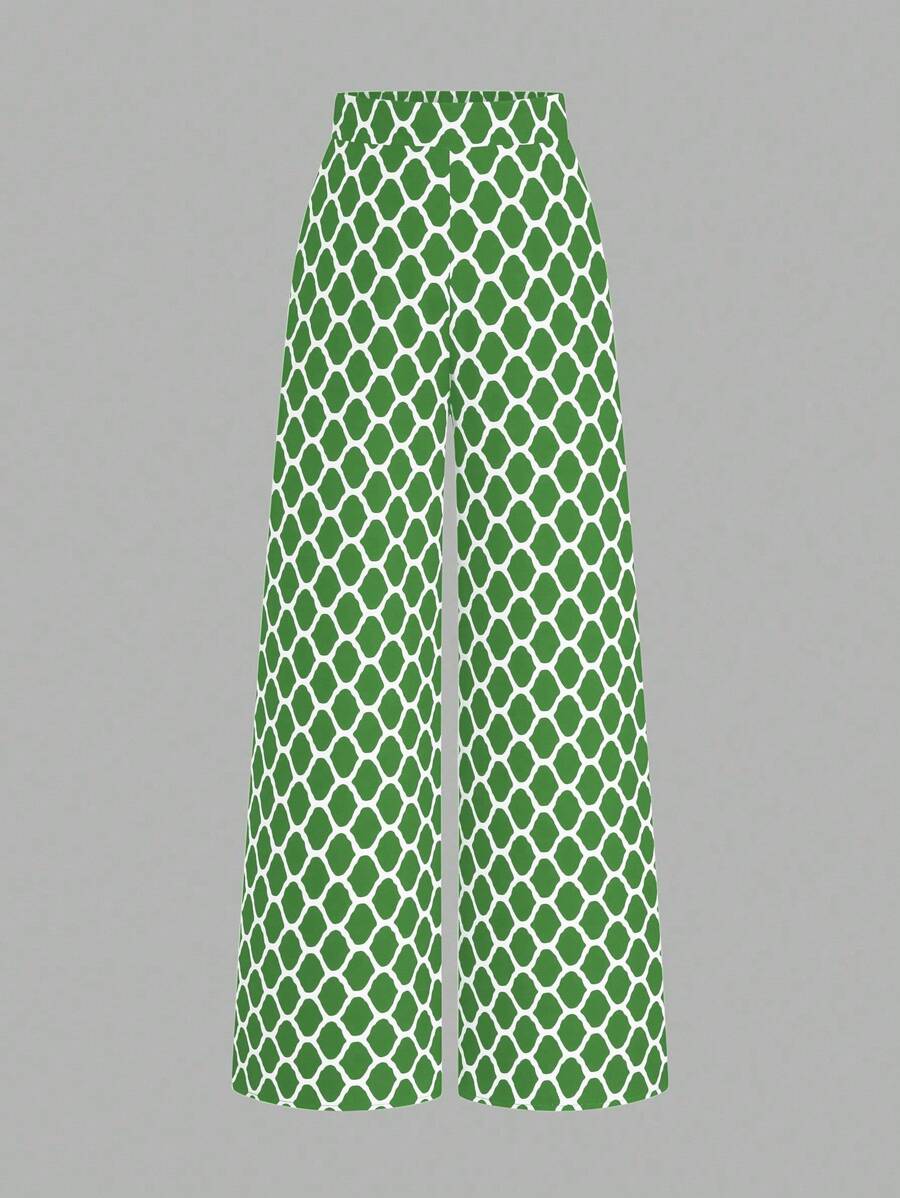 EMERY ROSE 大码高腰印花休闲裤，简约风格，适合日常穿着，情人节春季女装，情人节简约可爱节日服装，女士优雅阔腿裤 - 彩色 - 查看 1