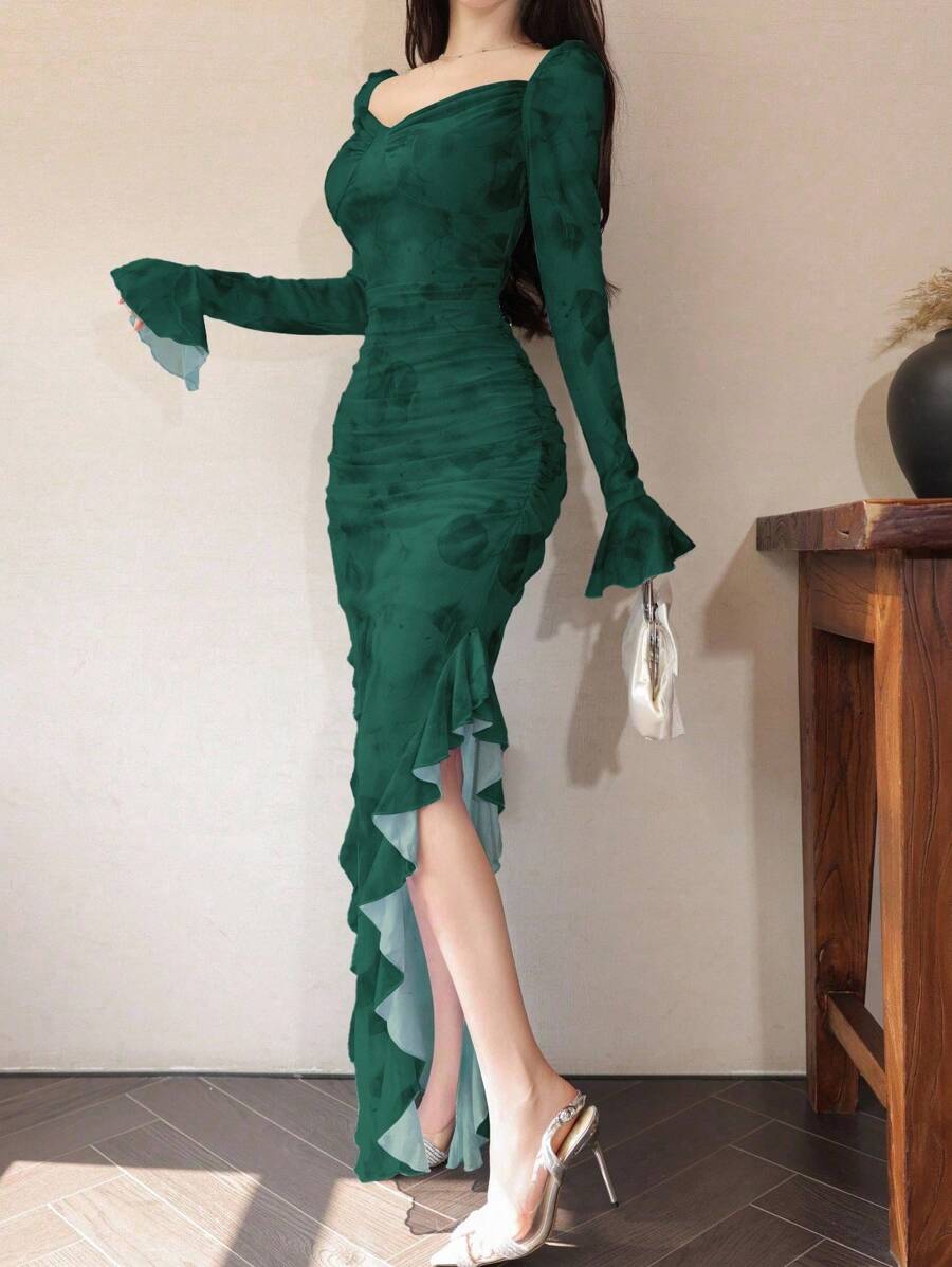 Modelyn 女士网眼花卉印花褶饰荷叶边下摆开衩优雅性感连衣裙 - 墨綠色 - 查看 1