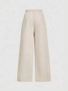 SHEIN MOD Plus Size Apricot Color Retro Ribbed Fabric Elegant High Waist Wide Leg Office Pants High Waisted Pants - Apricot - View 2