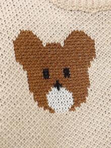 SHEIN جمبسوت كاجوال مريحة بأكمام طويلة للاستخدام اليومي للأطفال الرضع والصغار، مزينة برسومات الدب الكيوت بتقنية الجاكار المحبوكة