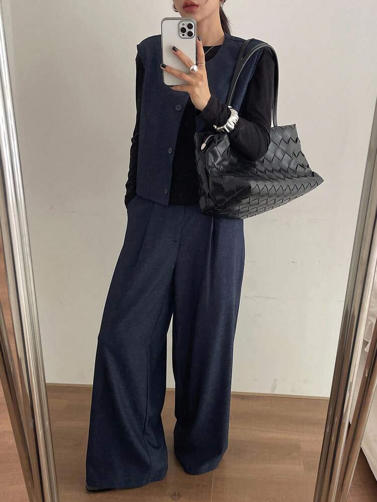 Women's Solid Color Front Button Sleeveless Top And Pants Casual 2 Pieces Set