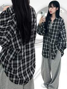 DAZY Versatile Loose Fit Turndown Collar Single-Breasted Plaid Long Sleeve Shirt Fall Tops