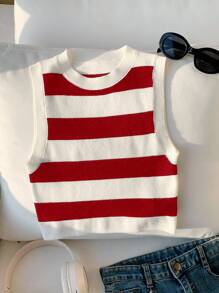 Comfortcana 夏季大码休闲条纹无袖针织上衣 - 紅白色 - 查看 3