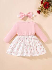 SHEIN Newly Born Baby Girl Pink Long Sleeved Patchwork Floral Bow Dress With Elegant, Sweet And Cute Headband, Suitable For Daily Outdoor Leisure Activities In Autumn Fall Winter