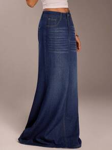 SHEIN Forever 21 夏季、秋季和冬季女士蓝色水洗宽松/高腰/A 字型/Y2k/女士下装/高腰女士牛仔裤/宽松女士牛仔裤/直筒牛仔裤/超长牛仔裙 - 寶藍色 - 查看 4