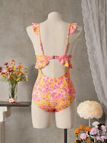 SHEIN Swim 1pc Summer Beach Ditsy Floral Ruffle One-Piece Swimsuit, Random Print - Multicolor - View 2