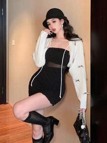 DAZY 女士蝴蝶结装饰系带短款针织开衫，带蝴蝶结，秋冬款 - 白色 - 查看 2