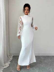 Elenzga Women's Elegant Long Patchwork Lantern Sleeve Dress Fall Cloth For Women