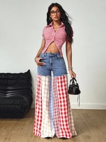 SHEIN Tall 女式高腰拼布格子阔腿牛仔裤 - 彩色 - 查看 1