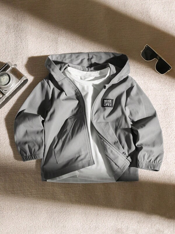 SHEIN Genkimix Kids Young Boy Casual Daily Street Chic Letter Graphic Zip-Up Hooded Jacket, Autumn Fall Winter