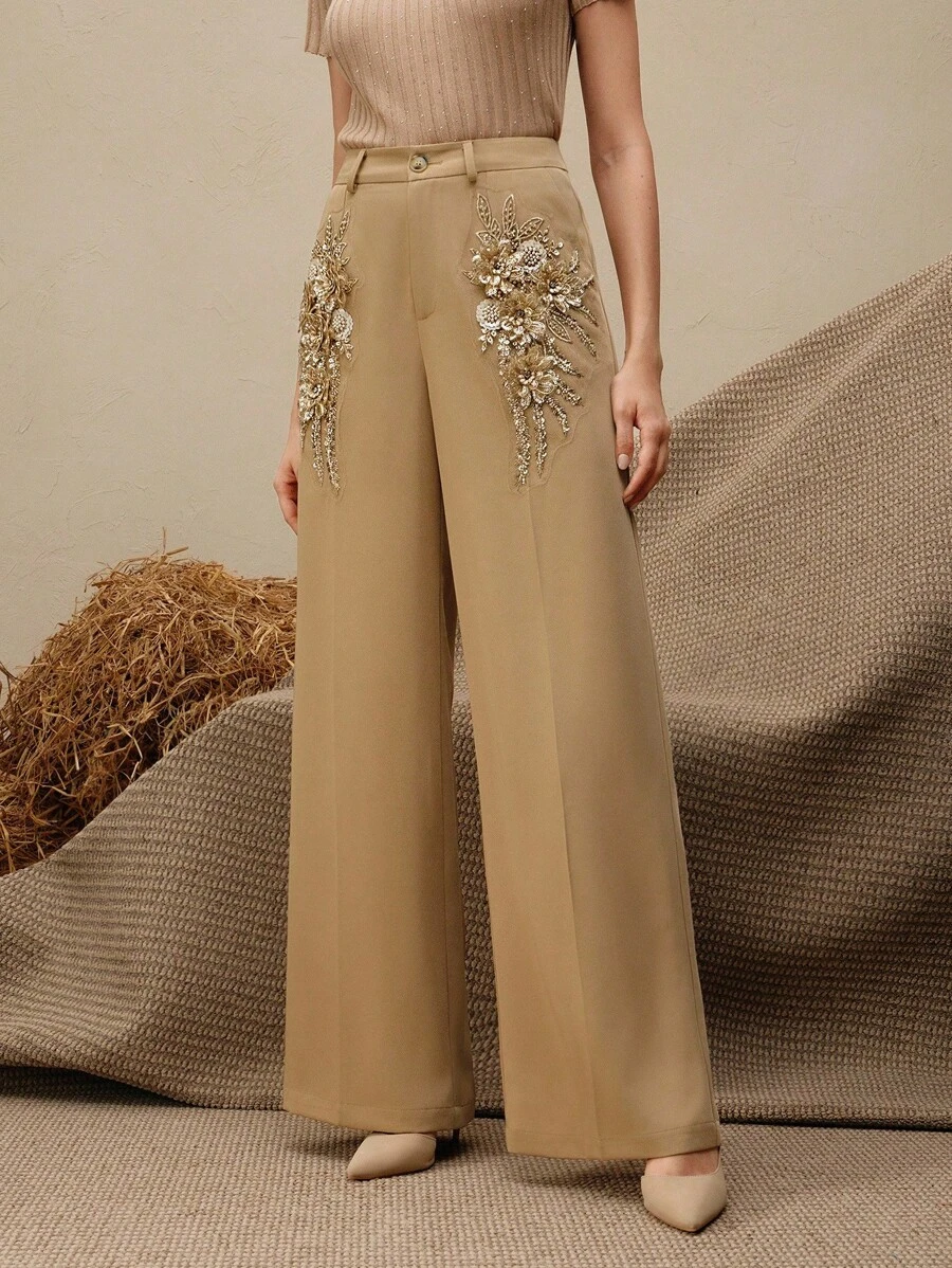 Anewsta 女士优雅串珠3D花卉装饰裤,百搭 - 卡其色 - 查看 1