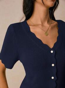 Poéselle Women's Solid Color Curved Hem Short Sleeve Single-Breasted Casual Knit Top,Fall Clothes For Women