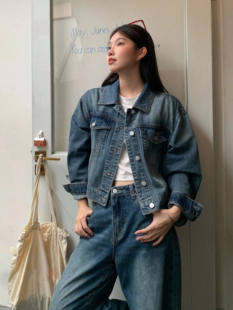 Women's Casual Washed Denim Jacket And Wide Leg Jeans 2 Pieces Set