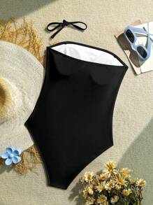 Women's Elegant One-Piece Sexy Bandeau Solid Color Swimsuit Summer - Black - View 5
