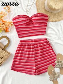 Conjunto de top tubo corto y pantalones cortos a rayas de estilo francés para vacaciones de verano en la playa para adolescentes - Rojo - Ver 2