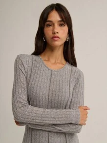 Nöista Nöista Grey Ribbed Knit Maxi Dress With Long Sleeves, Fitted Body, And Flared Hem Detail For A Modern Touch. Perfect For Elevating A Casual Look, Ideal For Cooler Days, And Comfortable For Everyday Wear.