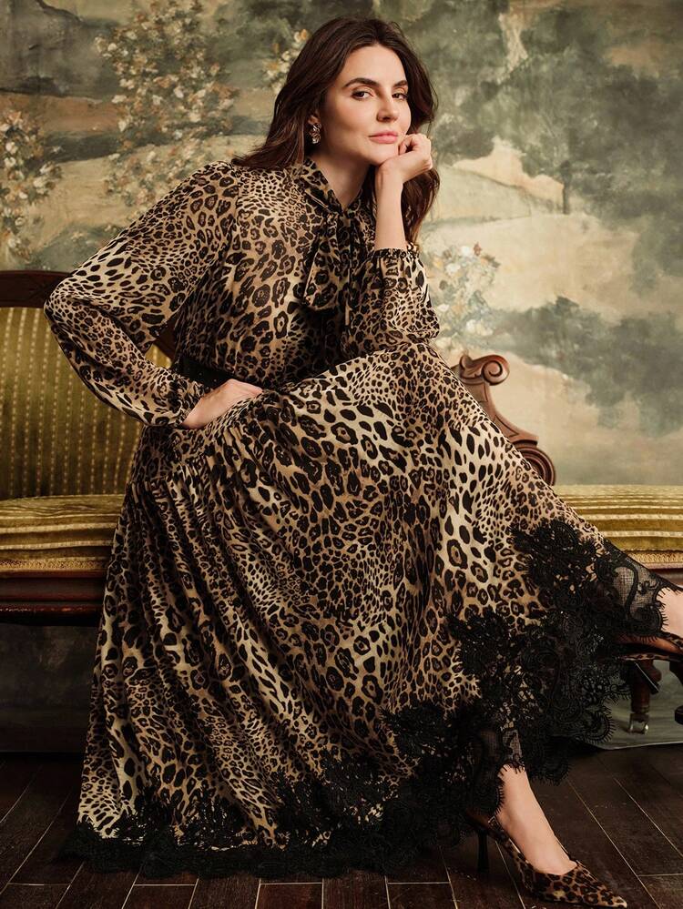 Elegant Women's Long Sleeve Dress With Leopard Print Chiffon And Contrast Lace, Autumn/Winter