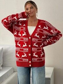 Cardigan rosso a maglia ispirato alle vacanze con motivo jacquard a strisce con renne e logo