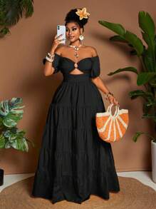 Maweii Plus Size Solid Color Off-Shoulder Dress, Casual Holiday Style - Black - View 7