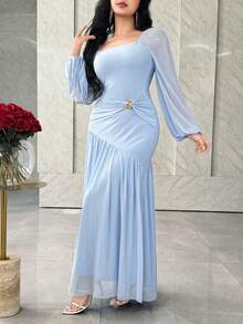 Feyla Đầm dài tay cổ vuông thắt eo thanh lịch dành cho nữ - Màu xanh lam - Xem 4