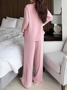 DAZY 女士缎面拼接翻领长袖上衣和裤子睡衣套装，秋季服装 - 粉色 - 查看 2