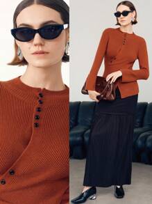 Uhlyne Uhlyne Suéter de punto cruzado con botones elegante y entallado para mujer, estilo minimalista, para otoño/invierno - Óxido marrón - Ver 9