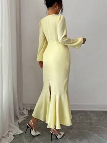 Elenzga 褶皱面料圆领灯笼袖系带后背修身喇叭下摆开叉优雅女式连衣裙 - 淡黃色 - 查看 2
