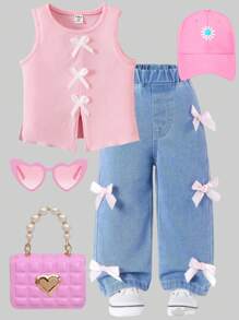 SHEIN 女童粉色蝴蝶结装饰无袖背心 - 粉色 - 查看 3