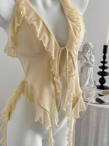 SHEIN X ELOISA & ORSON SHEIN MOD Top con cuello de lazo con cinta y flores 3D con borde de volantes blanco romántico de verano, blusas de verano para mujer, conjunto para concierto, atuendo sexy para mujer