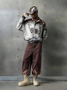 NEON BLANC 男士数码印花拉链休闲长袖 T 恤，情绪摇滚，秋季，2000 年代风格 - 黑與白 - 查看 7