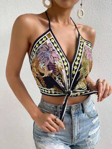 Femesol Floral Print Tie Front Halter Top Graphic Tees Women Tops Scarf Top Mardi Gras Crop Top Halter Tops For Women Tropical Top - Multicolor - View 2