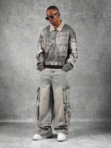 SUMWON جاكيت جينز مقصوّر بطراز فينتاج، تصميم مطبوع مهترئ لثقافة الغرانج، ملابس الشارع الحضرية بقصة مريحة، موضة كلاسيكية كاجوال للربيع والخريف، طراز رجعي