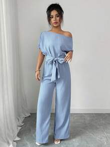 Elenzga Women's Casual Elegant Blue Vertical Striped Dual-Fabric Oblique Collar Shoulder Sleeve Short Sleeve Front Tie Design Long Wide Leg Jumpsuit, Spring/Summer