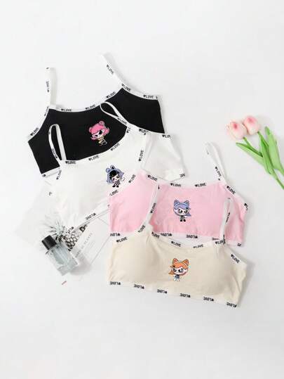 4件套女童卡通人物印花舒适吊带背心内衣套装