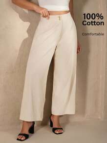 Chikora Quần vải cotton nữ ống rộng mùa hè quần vải lanh 100% cotton mùa thu quần vải cotton nữ cỡ lớn quần vải cotton nữ mùa thu ... - Màu be - Xem 2