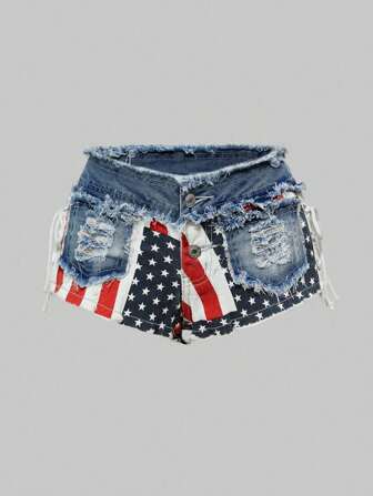 ROMWE Avant Shorts vaqueros de tiro bajo con parches con estampado de la bandera estadounidense