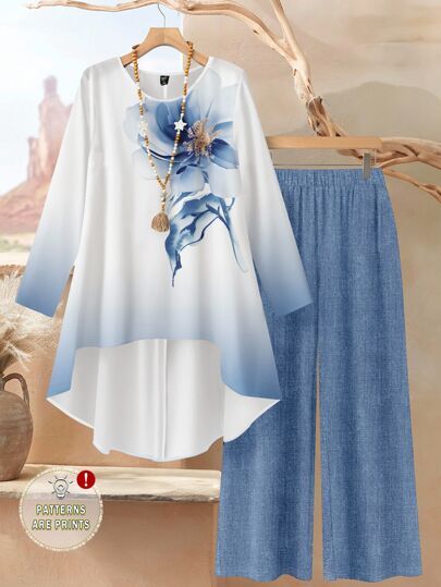 Rusticease 2pcs/Set Women Watercolor Floral Print Loose Fit Round Neck Long Sleeve Top And Pants Suit, Summer Autumn