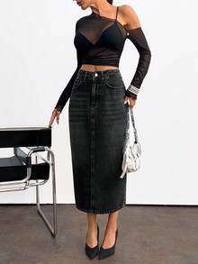 EURMUSE WOMEN HIGH WAIST SLIT DETAIL MAXI SKIRT 2000s Style - Black - View 5
