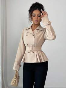 Elenzga 卡其色褶皱束腰双排扣优雅公主线长袖风衣 - 卡其色 - 查看 5