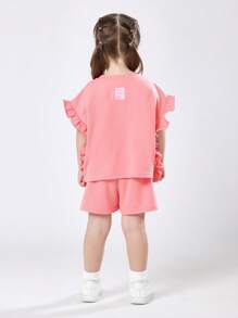 SUMWON Happy Club 兩件式荷葉袖T恤短褲套裝 夏季休閒穿搭 玩樂服裝 舒適透氣 度假日常穿搭 時尚套裝 - 粉色 - 查看 2